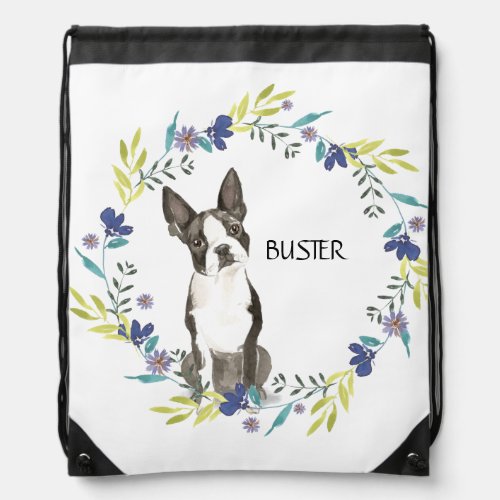 Personalize Watercolor Boston Terrier Blue Wreath Drawstring Bag