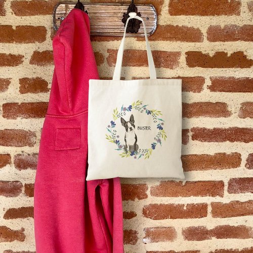 Personalize Watercolor Boston Terrier Blue Wreath Tote Bag