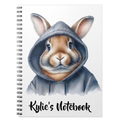 Personalize Watercolor Brown Rabbit in Blue Hoodie Notebook
