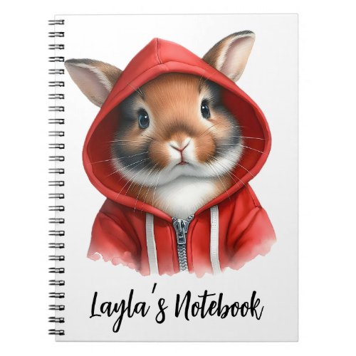 Personalize Watercolor Brown Rabbit in Red Hoodie Notebook