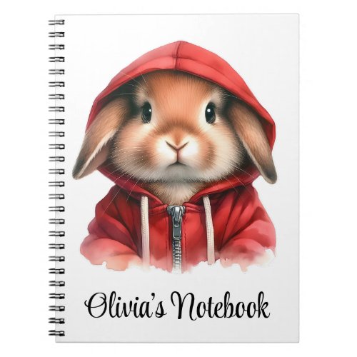 Personalize Watercolor Brown Rabbit in Red Hoodie Notebook