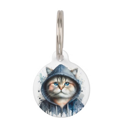 Personalize Watercolor Cat Blue Hoodie Splash Art  Pet ID Tag