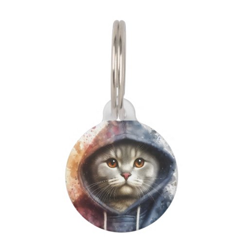 Personalize Watercolor Cat Blue Hoodie Splash Art  Pet ID Tag