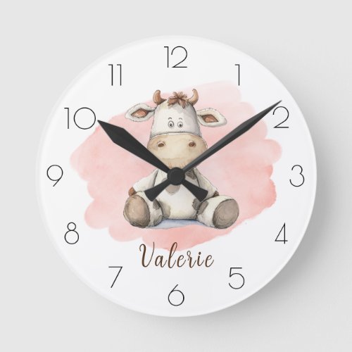 Personalize Watercolor Cow Nursery Girls Room Round Clock