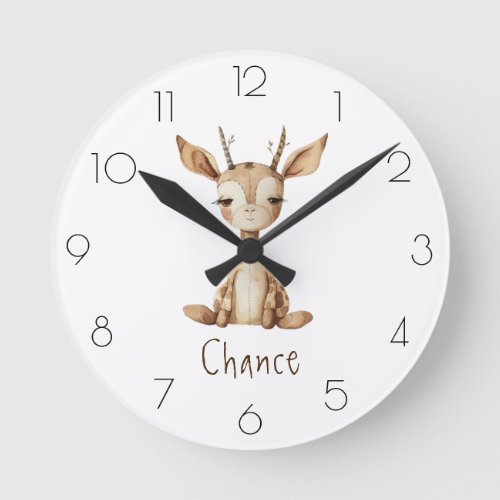 Personalize Watercolor Deer Nursery Childâs Room Round Clock