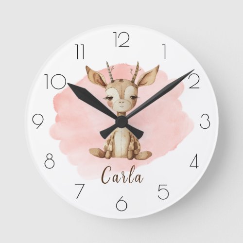 Personalize Watercolor Deer Nursery Childâs Room Round Clock