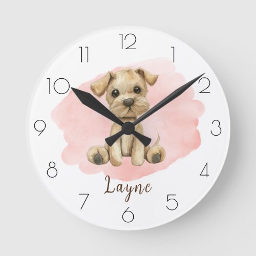 Personalize Watercolor Dog Nursery Girls Room Round Clock