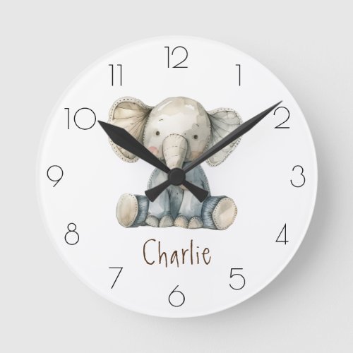 Personalize Watercolor Elephant Nursery Child Room Round Clock