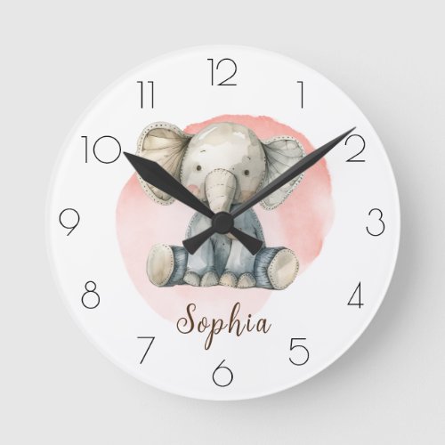 Personalize Watercolor Elephant Nursery Girls Room Round Clock