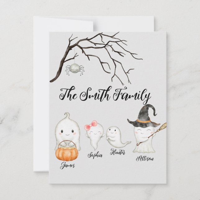 Personalize Watercolor Family Ghost Halloween Card (Front)