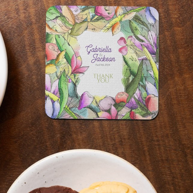 Personalize Watercolor Floral Outlined Beverage Coaster (Creator Uploaded)