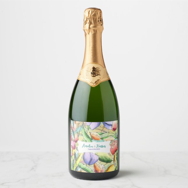Personalize Watercolor Floral Outlined Sparkling Wine Label (Front)