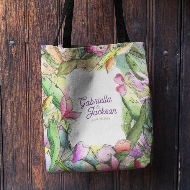 Personalize Watercolor Floral Outlined Tote Bag (Creator Uploaded)