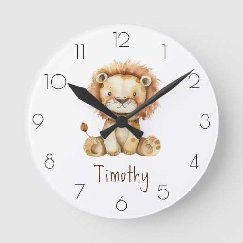 Personalize Watercolor Lion Nursery Childs Room Round Clock
