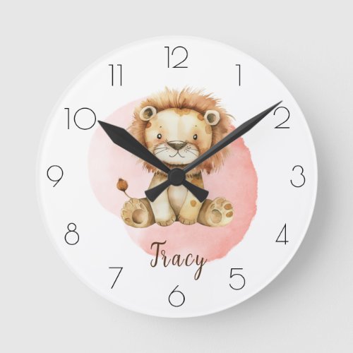 Personalize Watercolor Lion Nursery Girls Room Round Clock