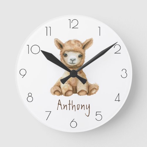 Personalize Watercolor Llama Nursery Childâs Room Round Clock