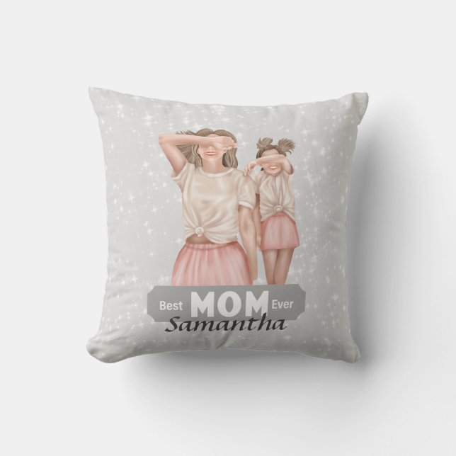 Personalize Watercolor Mother and Daughter | Gray Throw Pillow (Front)