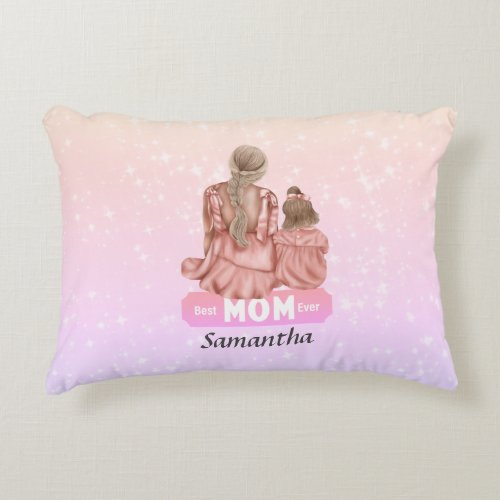 Personalize Watercolor Mother and Daughter  Pink Accent Pillow