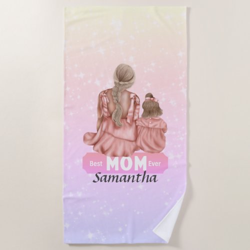 Personalize Watercolor Mother and Daughter  Pink Beach Towel
