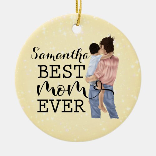 Personalize Watercolor Mother and Son  Yellow Ceramic Ornament