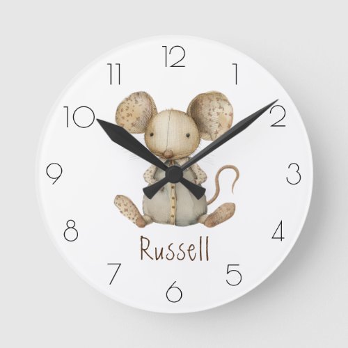 Personalize Watercolor Mouse Nursery Childâs Room Round Clock