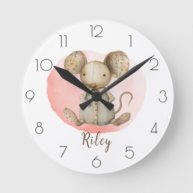 Personalize Watercolor Mouse Nursery Girl’s Room Round Clock (Front)