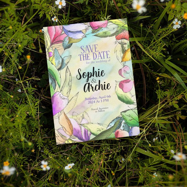 Personalize Watercolor Outlined Flower Save The Date (Creator Uploaded)