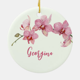 Personalize Watercolor Pink Moth Orchids Flower Ceramic Ornament