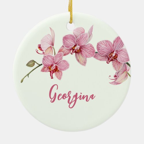 Personalize Watercolor Pink Moth Orchids Flower Ceramic Ornament