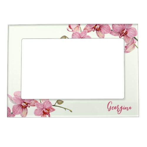 Personalize Watercolor Pink Moth Orchids Flower Magnetic Frame