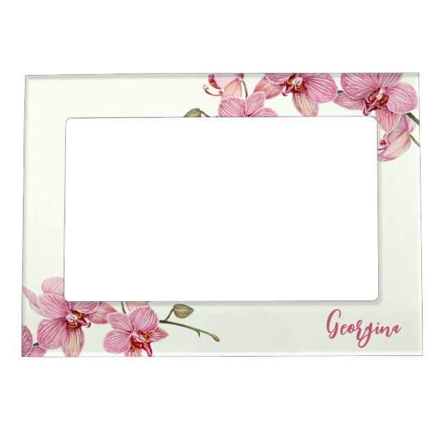 Personalize Watercolor Pink Moth Orchids Flower Magnetic Frame (Front)