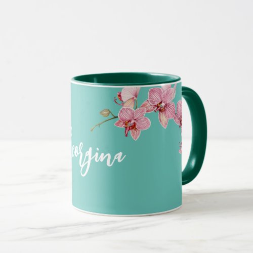 Personalize Watercolor Pink Moth Orchids Flower Mug