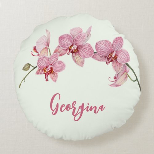 Personalize Watercolor Pink Moth Orchids Flower Round Pillow