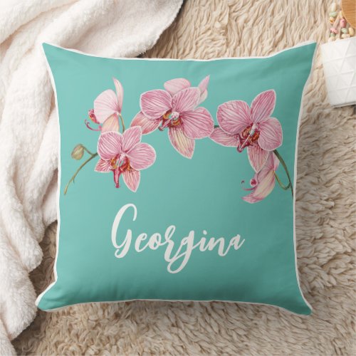 Personalize Watercolor Pink Moth Orchids Flower Throw Pillow