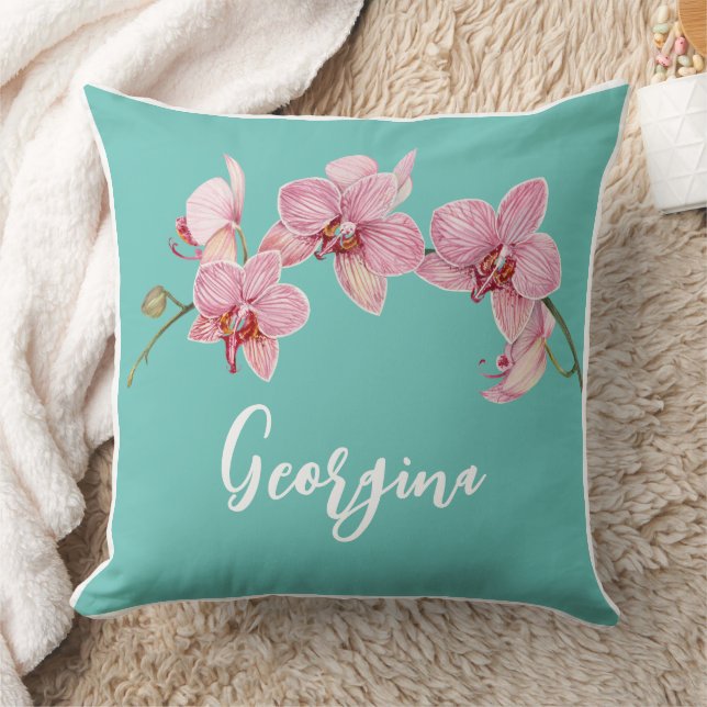 Personalize Watercolor Pink Moth Orchids Flower Throw Pillow (Blanket)