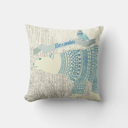 Personalize Watercolor Polar Bear Blue Bird Banner Throw Pillow