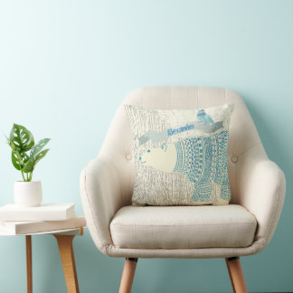 Personalize Watercolor Polar Bear Blue Bird Banner Throw Pillow
