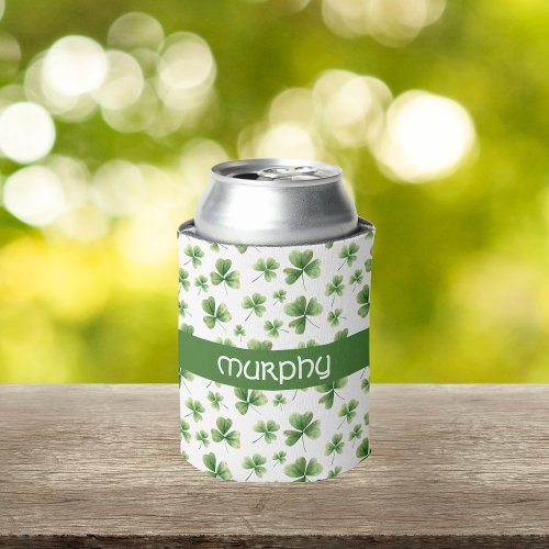 Personalize Watercolor Shamrock Pattern Can Cooler