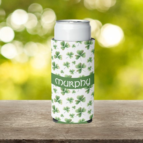 Personalize Watercolor Shamrock Pattern Seltzer Can Cooler