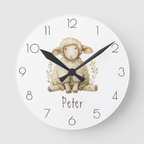 Personalize Watercolor Sheep Nursery Childâs Room Round Clock