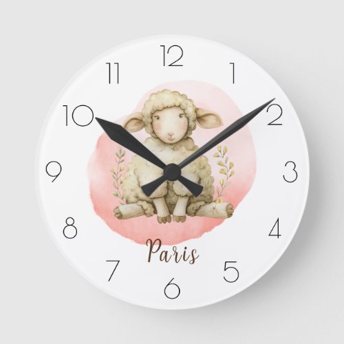 Personalize Watercolor Sheep Nursery Girls Room Round Clock
