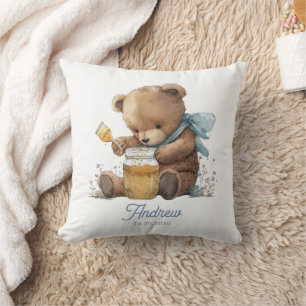 Personalize Watercolor Teddy Bear Honey Jar Throw Pillow