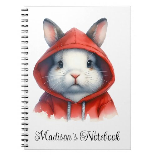 Personalize Watercolor White Rabbit in Red Hoodie Notebook