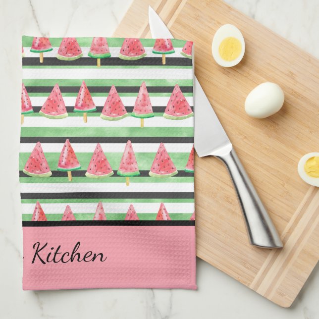 Personalize Watermelon Pink Green White Black  Kitchen Towel (Quarter Fold)