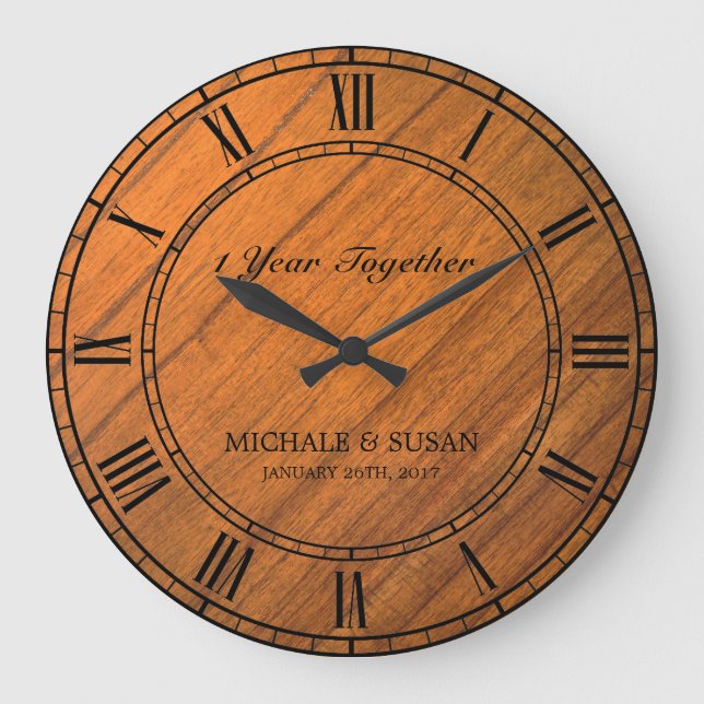 Personalize Wedding Anniversary (Wood Background) Large Clock (Front)