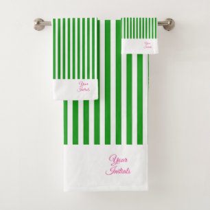 Personalize Wedding Gift Green Striped White Bath Towel Set