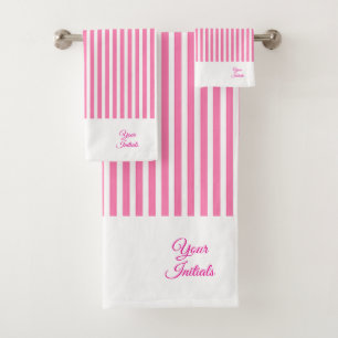 Personalize Wedding Gift Pink Striped White Bath Towel Set