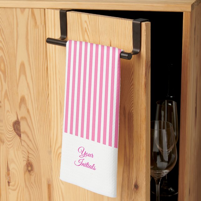 Personalize Wedding Gift Pink Striped White      Kitchen Towel (Thirds Fold)