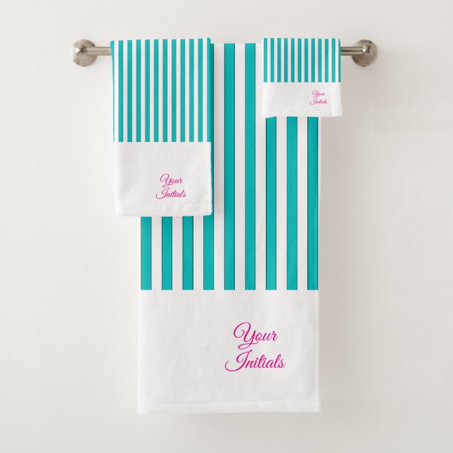 Personalize Wedding Gift Teal Striped White      Bath Towel Set (Insitu)