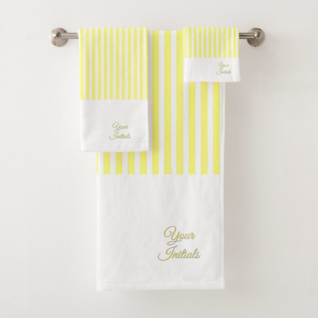 Personalize Wedding Gift Yellow Striped White      Bath Towel Set (Insitu)